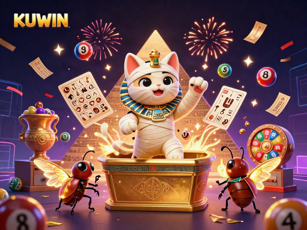 KUWIN showcases a vibrant casino scene with an Egyptian mummy cat, colorful lottery balls, and magical elements, creating a thrilling atmosphere.