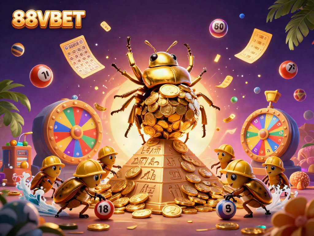 Experience excitement at 88VBET with a vibrant 3D scene showcasing golden beetles and dynamic lottery elements.
