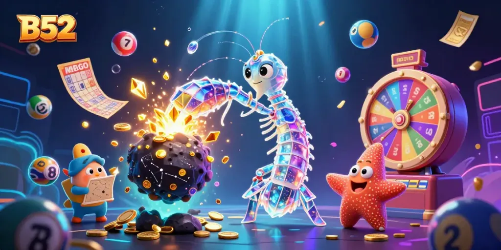 Experience thrilling gameplay with the B52 mantis shrimp navigating a vibrant underwater casino world.