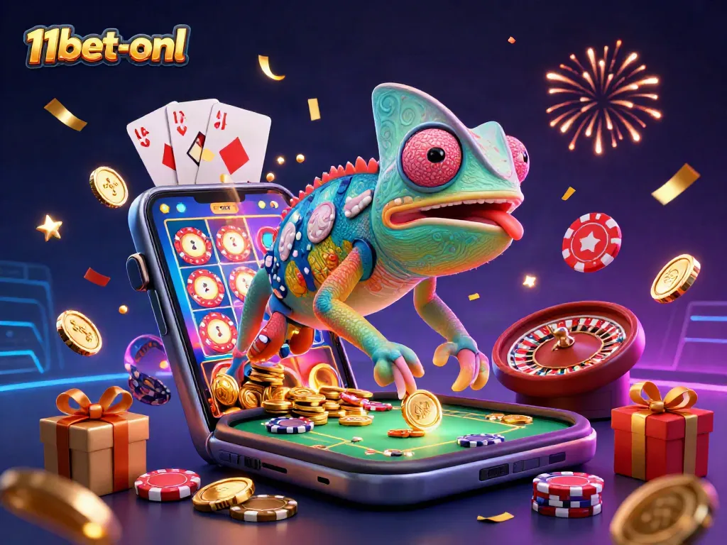 Engage with the vibrant world of 11bet-onl as a colorful chameleon casino owner interacts with exciting games.
