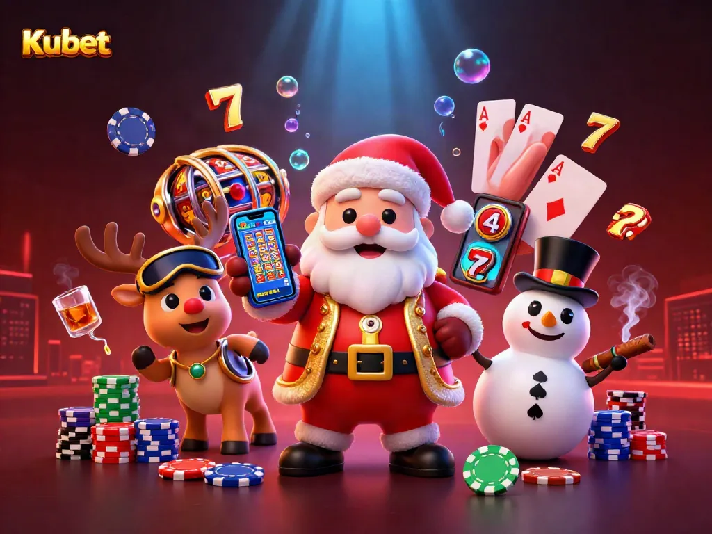 Win big with Kubet's vibrant casino illustration featuring Santa, poker chips, and festive gameplay