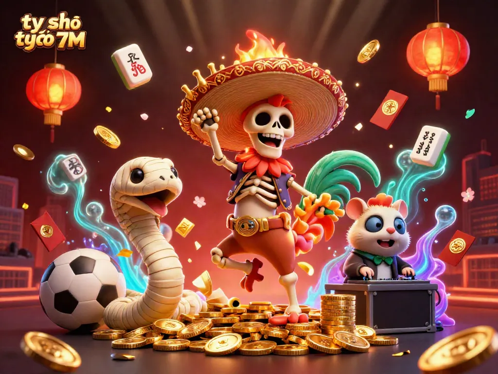 Engage with tỷ số trực tuyến 7M as a 3D cartoon scene showcases a mariachi rooster and characters celebrating amidst dynamic casino elements.