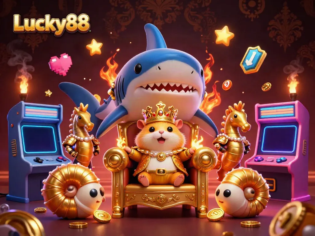 Engage with Lucky88's vibrant casino scene featuring a golden hamster king amidst dynamic gaming elements.