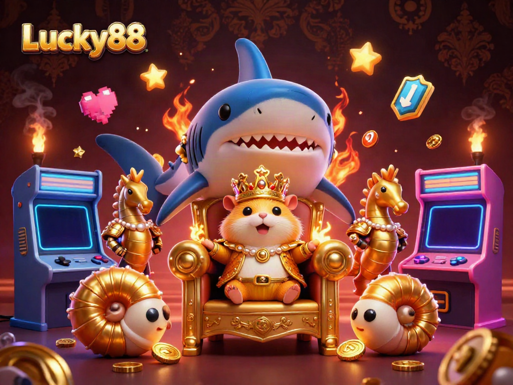 Engage with Lucky88's vibrant casino scene featuring a golden hamster king amidst dynamic gaming elements.