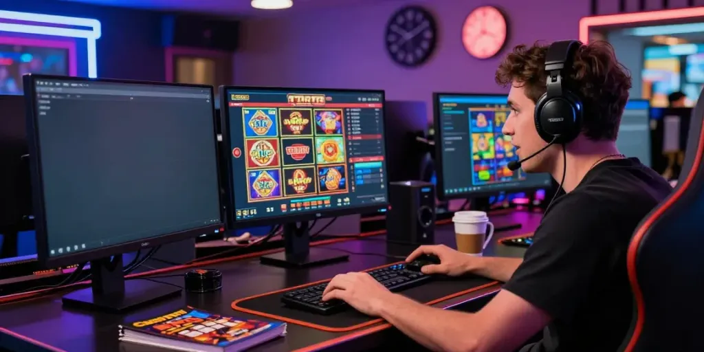 Engaging online player enjoying popular rtp slot games with vibrant graphics and ambient lighting.