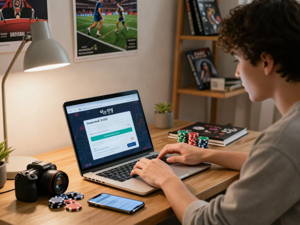 Engaging user experiencing 먹튀검증 추천 먹튀스팟 in a cozy home office with gaming elements.