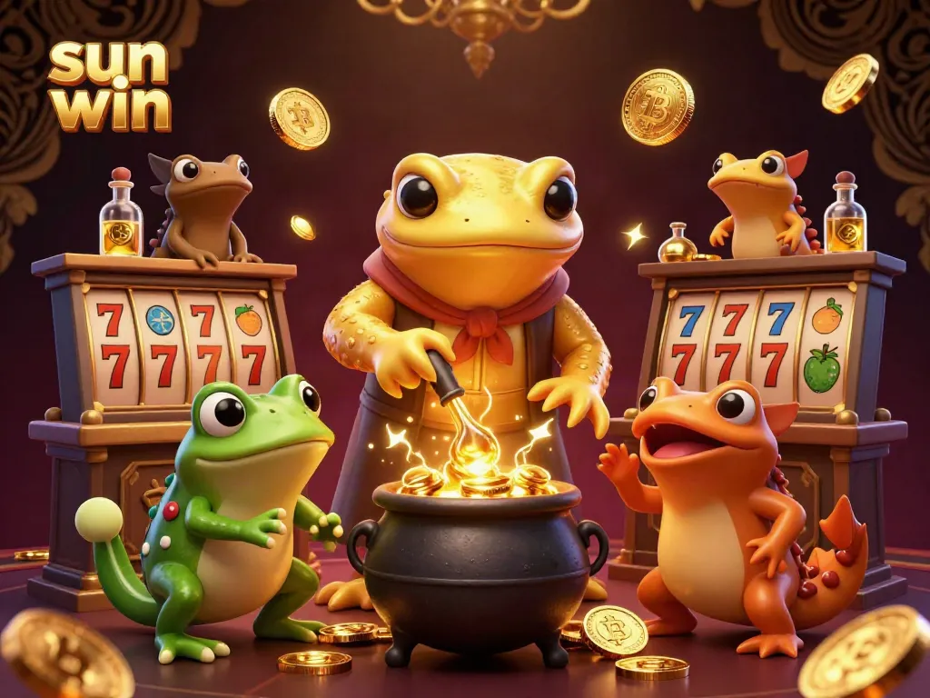 Experience the thrill of sun win with an enchanting 3D illustration featuring a golden salamander alchemist and casino elements.