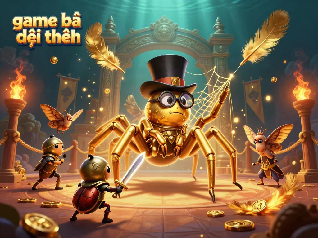 Engage in the captivating world of game bài đổi thưởng with a golden spider weaving luck among players, enhanced with dynamic casino elements.