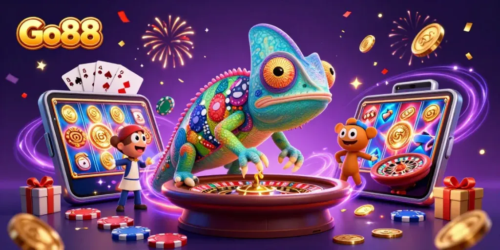 Engage with Go88's exciting casino experience in this vibrant chameleon-themed illustration.