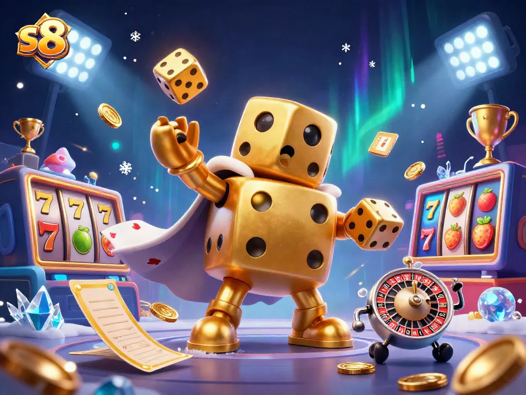 S8 showcases dynamic slot gameplay with a vibrant golden dice golem and thrilling casino elements.