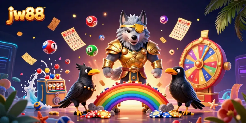 Experience exciting gaming with jw88 at a vibrant Norse-inspired casino scene filled with lottery elements.