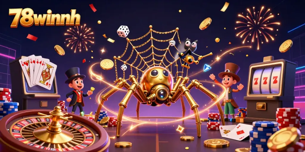 Experience the thrill at 78winnh with a steampunk spider weaving a golden web of fortune.