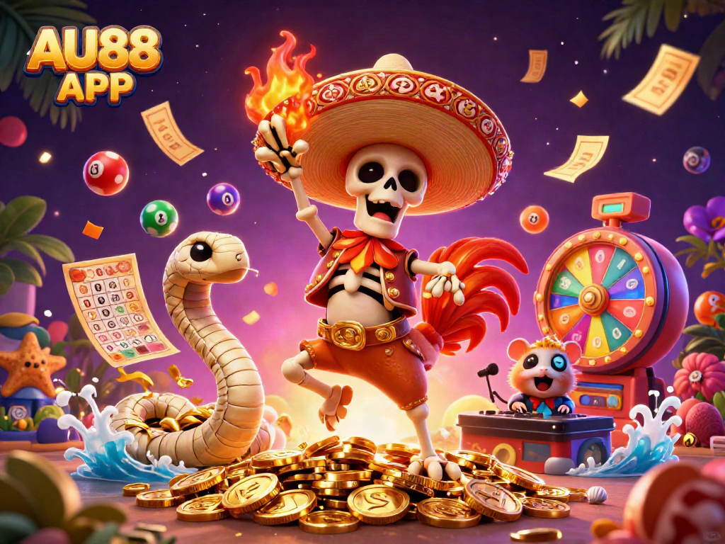 Engage in thrilling games with AU88 APP showcasing a vibrant 3D illustration of a mariachi rooster and lively characters amid confetti and lottery excitement.