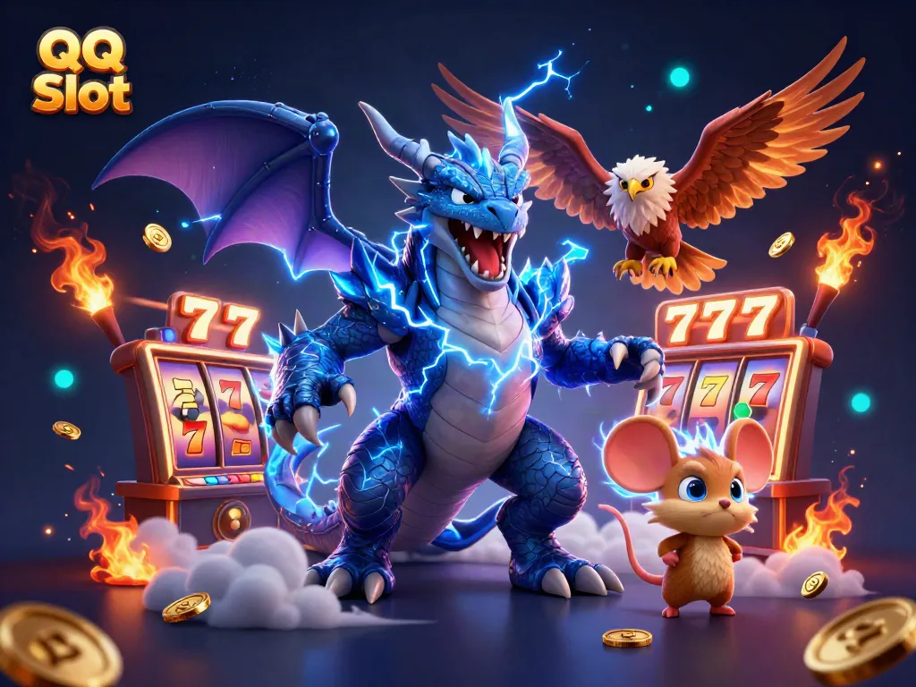 Experience the excitement of QQ Slot with dynamic 3D illustrations showcasing thrilling slot machine action.