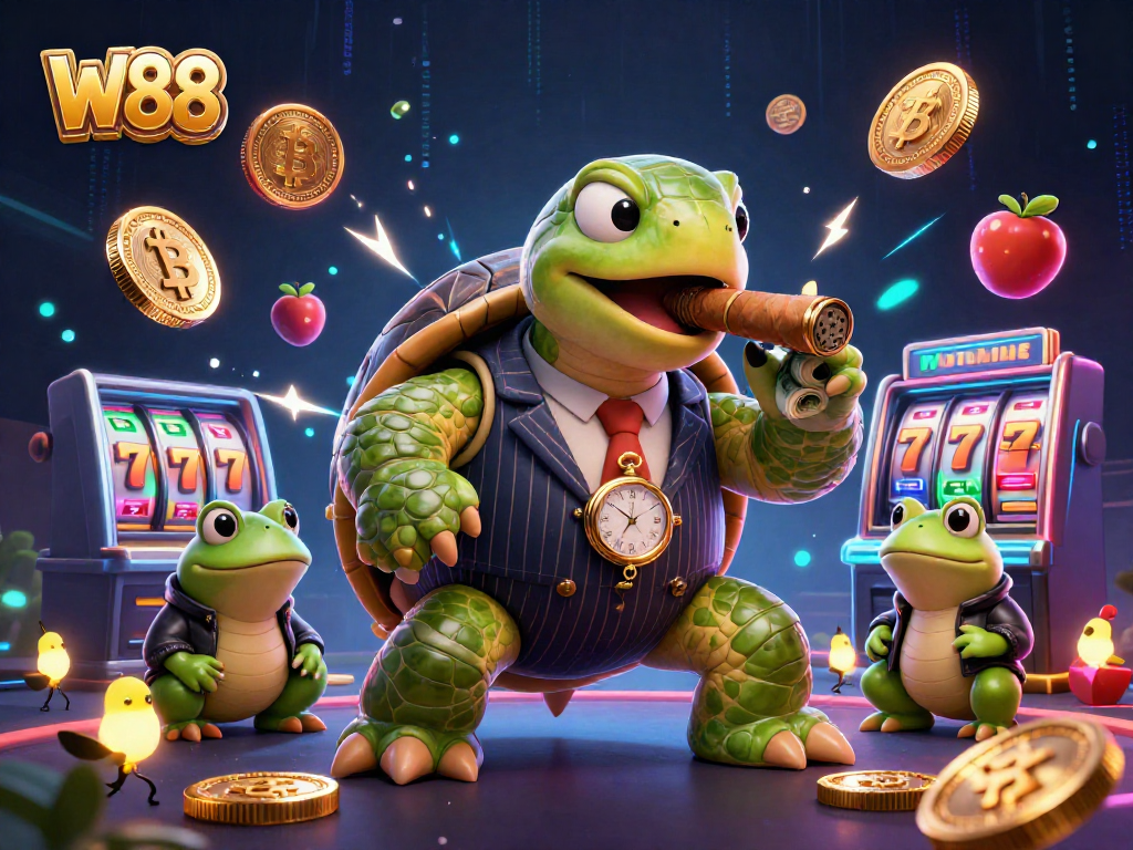 Experience W88's vibrant casino atmosphere with lively characters and thrilling gaming elements.