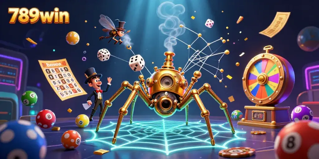 Immerse in 789win's thrilling world, as a steampunk spider ensnares luck in vibrant casino chaos.
