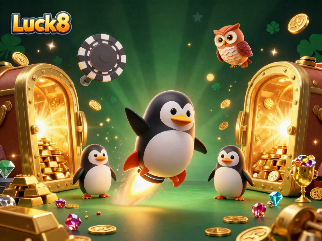 Experience thrilling adventures with Luck8 through this dynamic 3D illustration featuring a golden penguin and exciting casino elements.