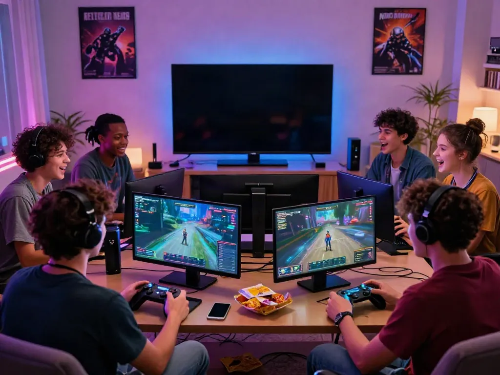 Engaging gaming session among friends showcasing kilat404 games in a vibrant living room.