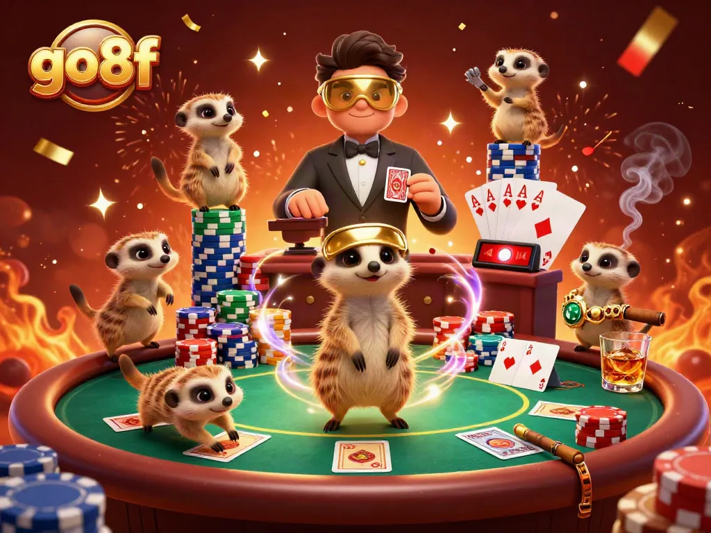 Experience go8f's thrilling casino atmosphere with playful meerkats engaging in poker.