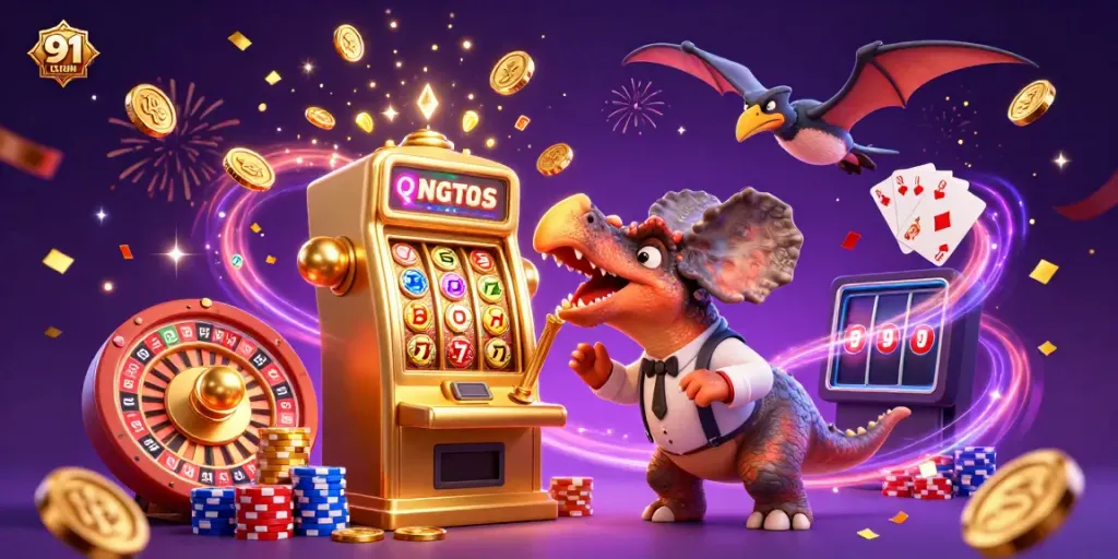 Engage with the thrilling 91 CLUB LOGIN scene showcasing animated dinosaurs unleashing jackpots!