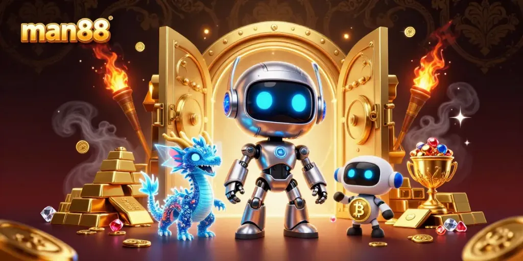 Engage with man88's thrilling gaming universe featuring cyberpunk robot and treasures.