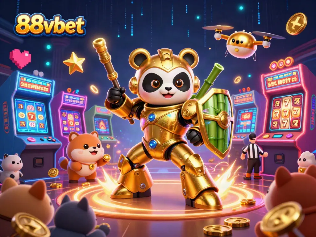 Engage with exciting 88vbet slots showcasing a mech-suit panda, vibrant gaming elements, and thrilling action.