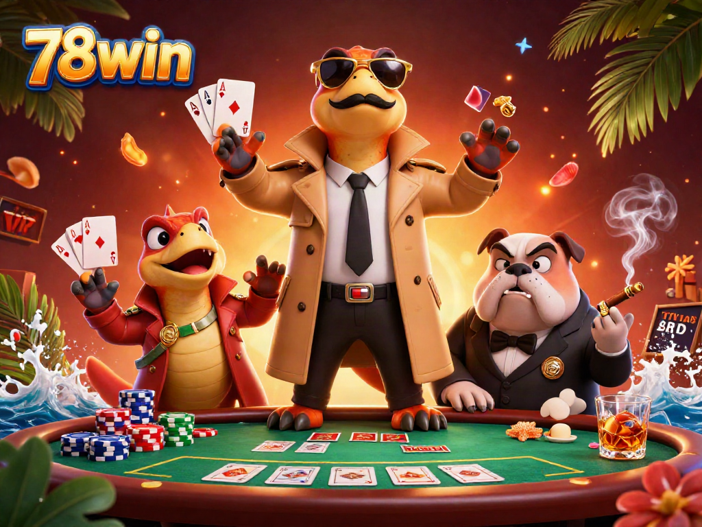 Experience the thrill of 78win at a vibrant VIP casino lounge with raptors and a bulldog bouncer.