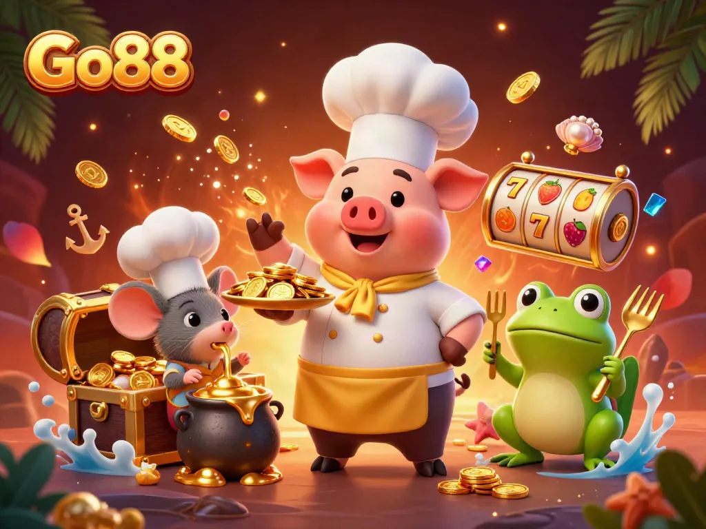 Experience the thrill of Go88 with a vibrant, rich casino scene featuring a chef pig and exciting game elements.