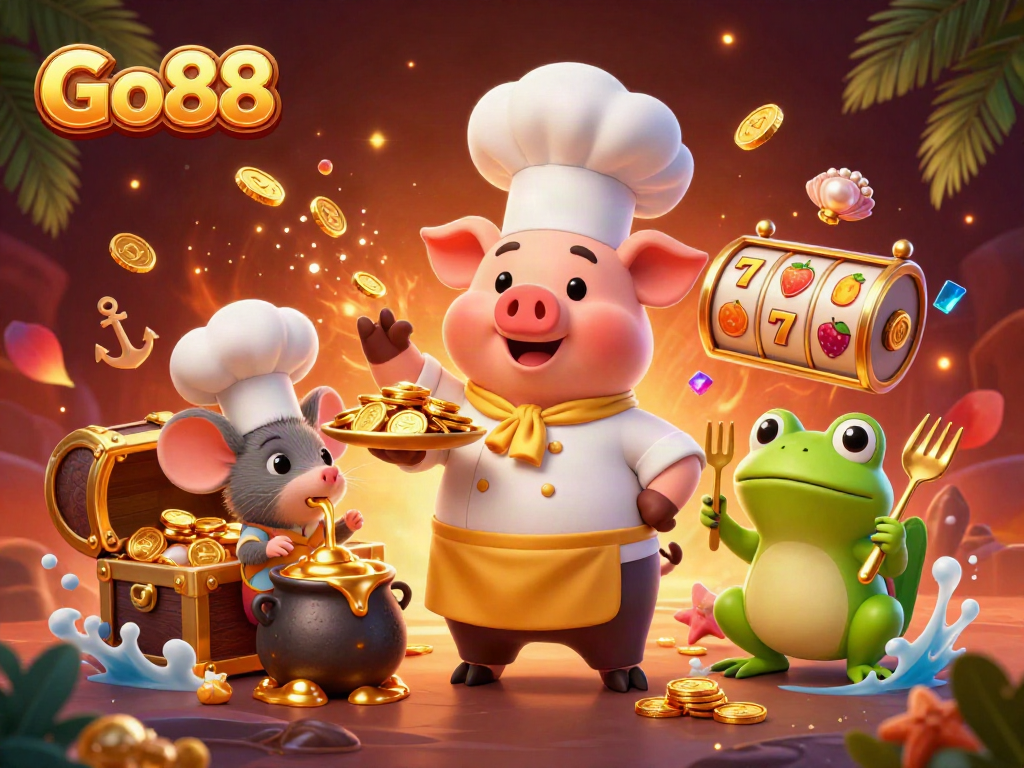 Experience the thrill of Go88 with a vibrant, rich casino scene featuring a chef pig and exciting game elements.