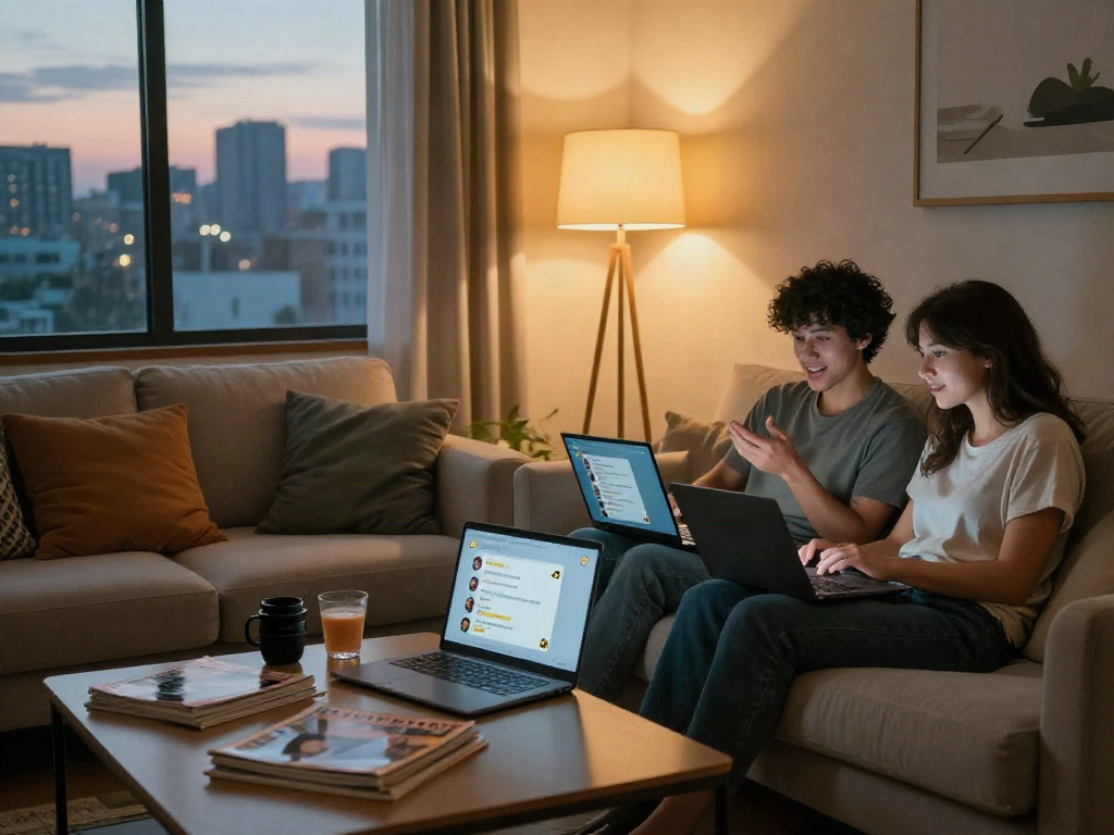 Engaging couple in cozy living room during nsfw chat on laptop, intimate atmosphere.