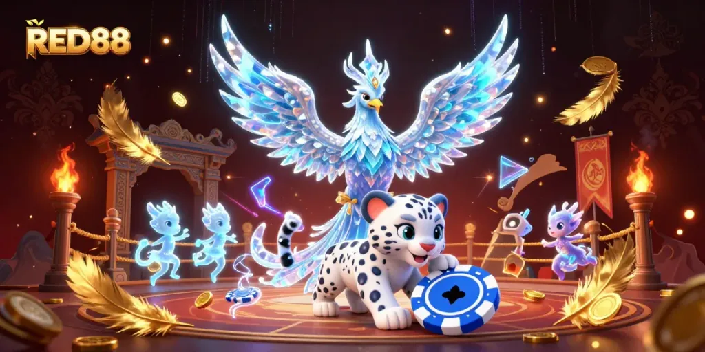 Experience an exhilarating RED88 casino atmosphere with an ice phoenix, snow leopard cub, and fantasy elements.