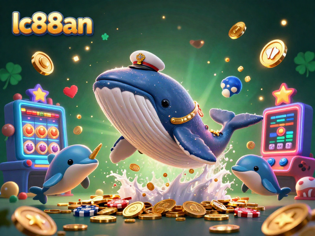 Engaging scene of lc88an casino adventure with a cartoon whale, coins, and slot elements.