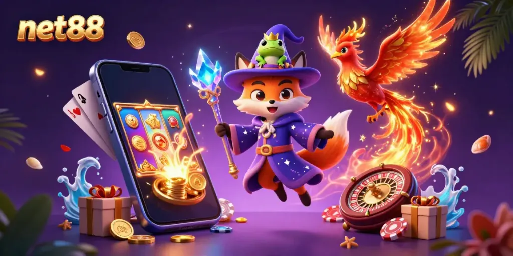 Experience thrilling gaming with net88 featuring a mystical wizard fox and engaging casino elements.