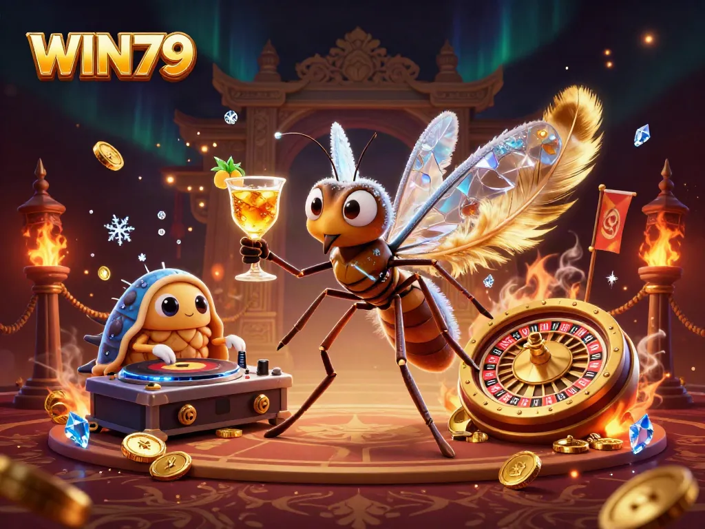 Experience thrilling gameplay with the WIN79 mascot, the trilobite DJ, and golden casino elements.