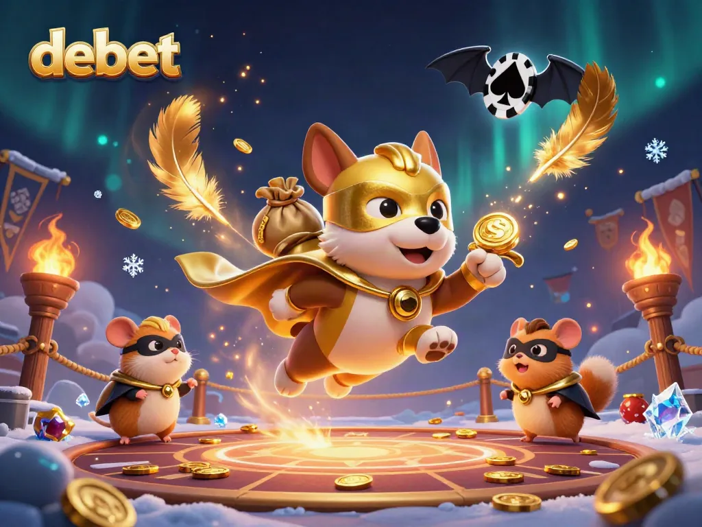 Experience debet with a flying superhero dog and hamster amidst a dynamic casino scene filled with gold coins.