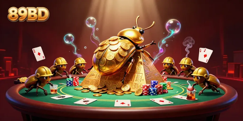 Witness the 89BD action with a golden beetle rolling a coin ball while playing poker in vibrant casino style.