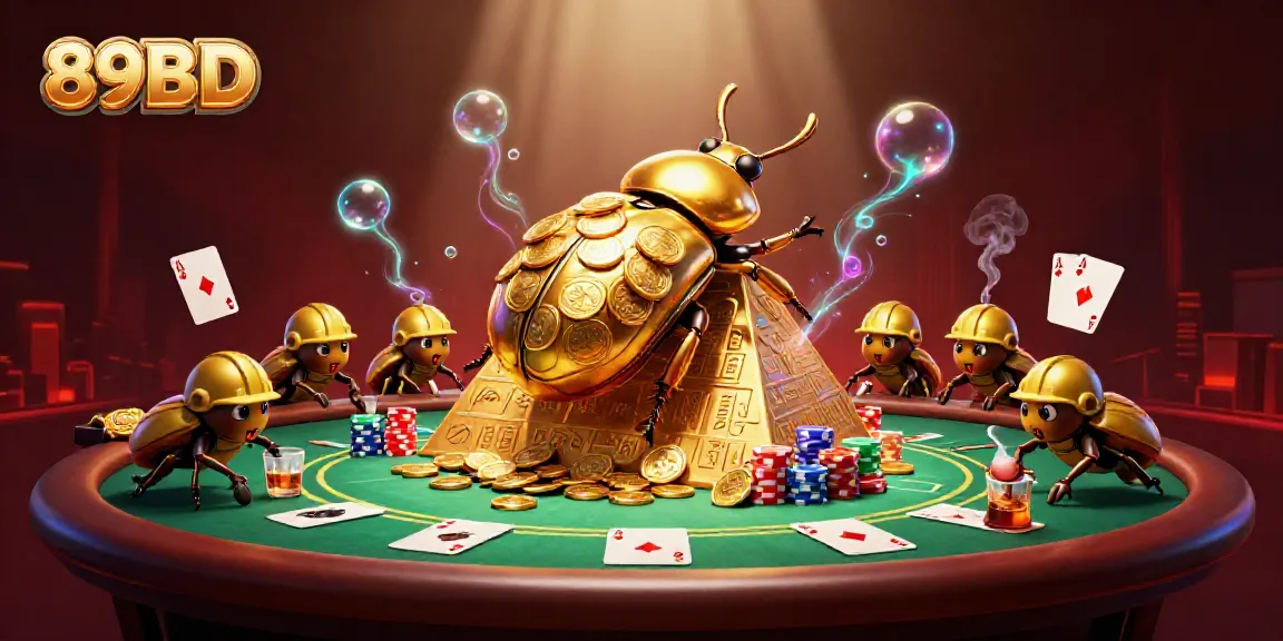 Witness the 89BD action with a golden beetle rolling a coin ball while playing poker in vibrant casino style.
