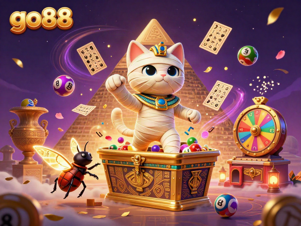 Experience the excitement with go88's vibrant lottery-themed illustration featuring a mummy cat and magical elements.
