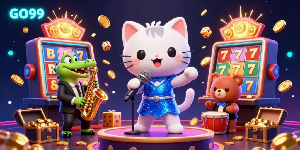 Experience casino excitement with GO99 in a vibrant scene featuring a jazzy cat, dancing crocodile, and a drumming bear.