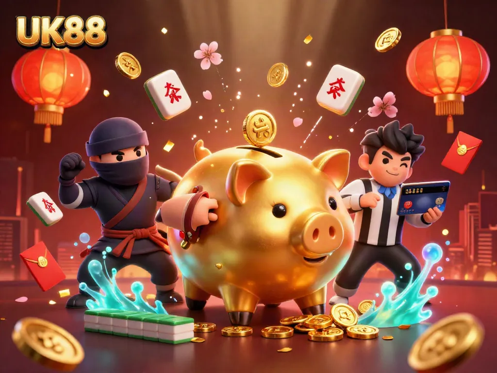 Experience thrilling moments at UK88 with the golden piggy bank sumo wrestler amidst dynamic gaming elements.