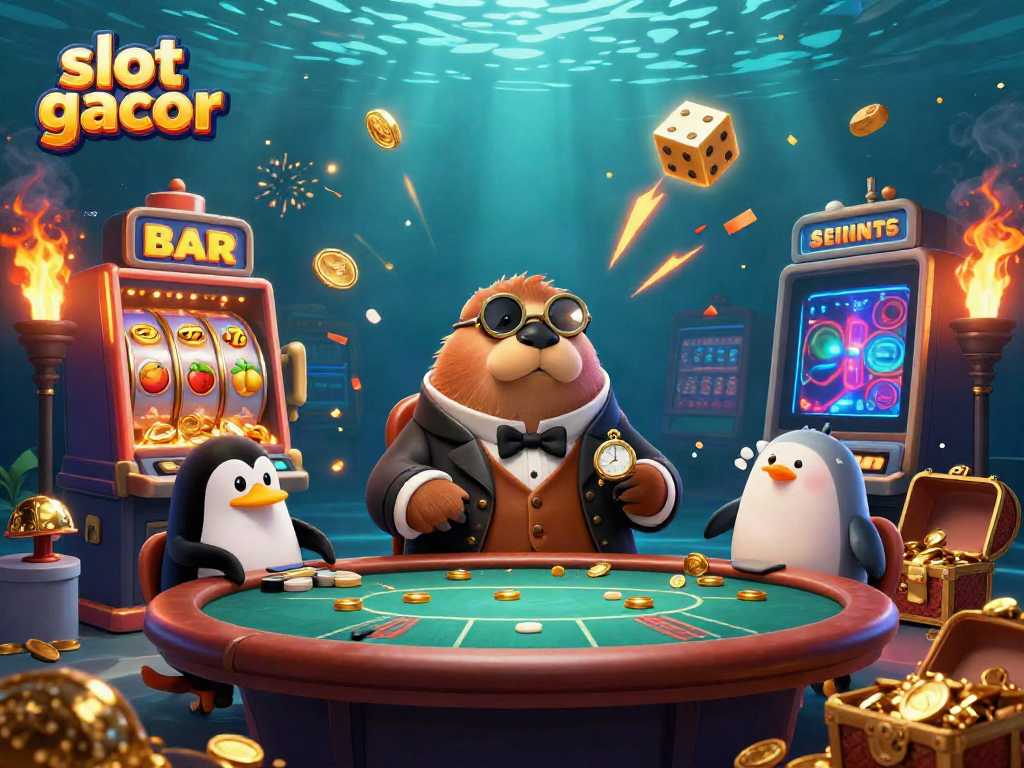 Experience slot gacor excitement with a jolly walrus playing poker underwater amidst vibrant jackpot elements.