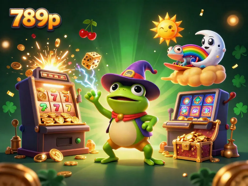 Engage in winning gameplay with 789p, featuring a wizard frog, chameleon, and vibrant casino elements.
